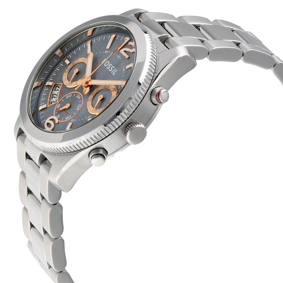 Side angle view of Fossil Perfect Boyfriend watch showing gray dial and stainless steel case and bracelet
