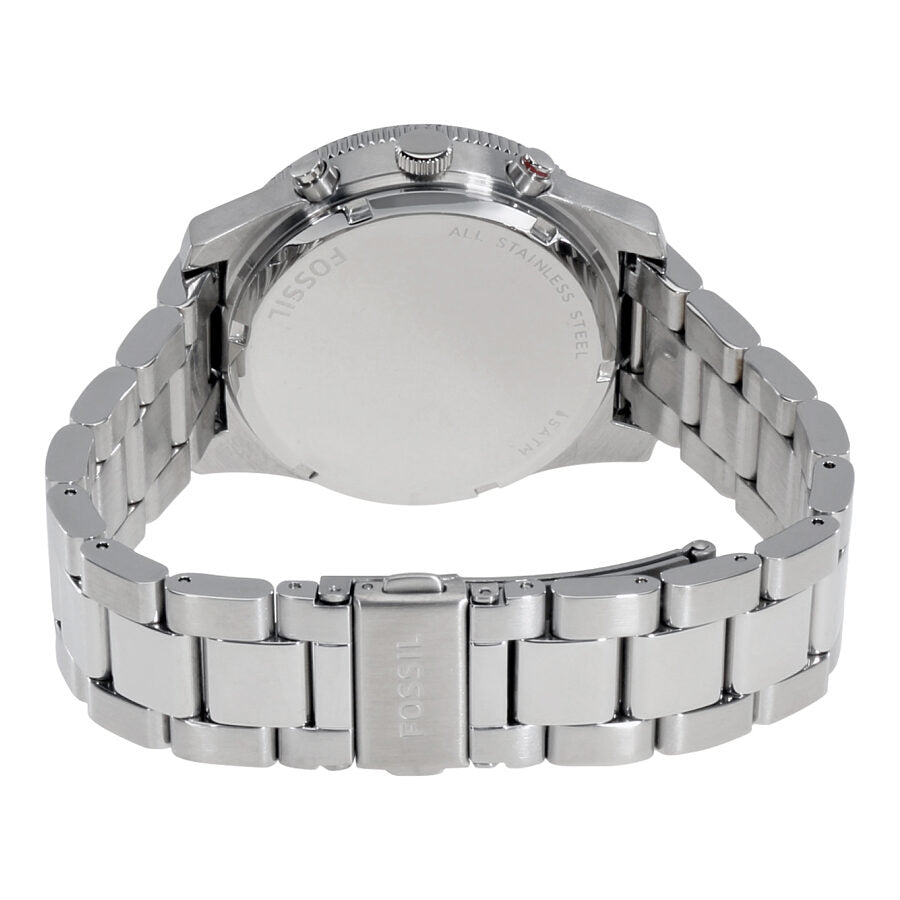 Caseback view of Fossil Perfect Boyfriend watch showing stainless steel case back and bracelet