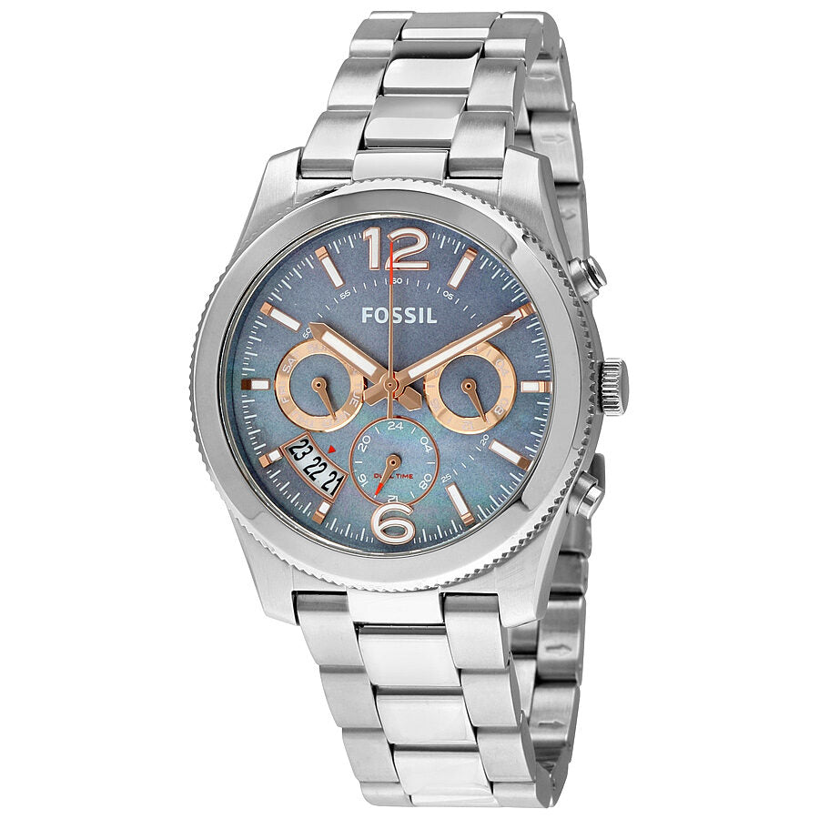 Fossil Perfect Boyfriend watch with gray mother-of-pearl dial, rose gold chronograph subdials, and stainless steel bracelet