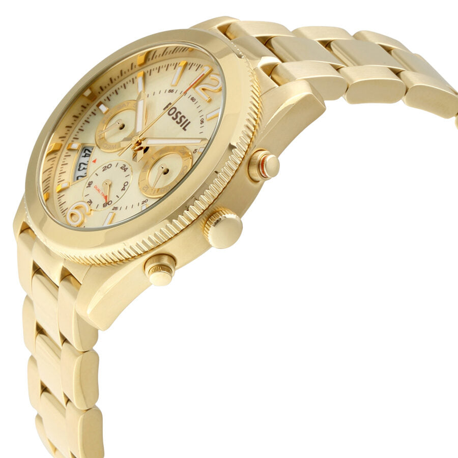 Side angle view of Fossil Perfect Boyfriend gold-tone watch showing case profile and bracelet