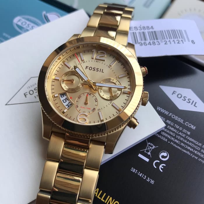 Fossil Perfect Boyfriend multifunction watch displayed with product documentation and packaging