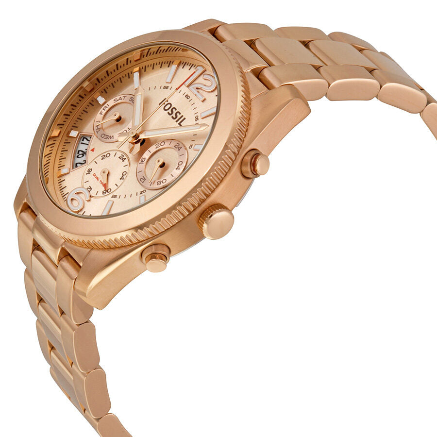 Fossil Perfect Boyfriend ES3885 angled side view showing rose gold case and chronograph subdials
