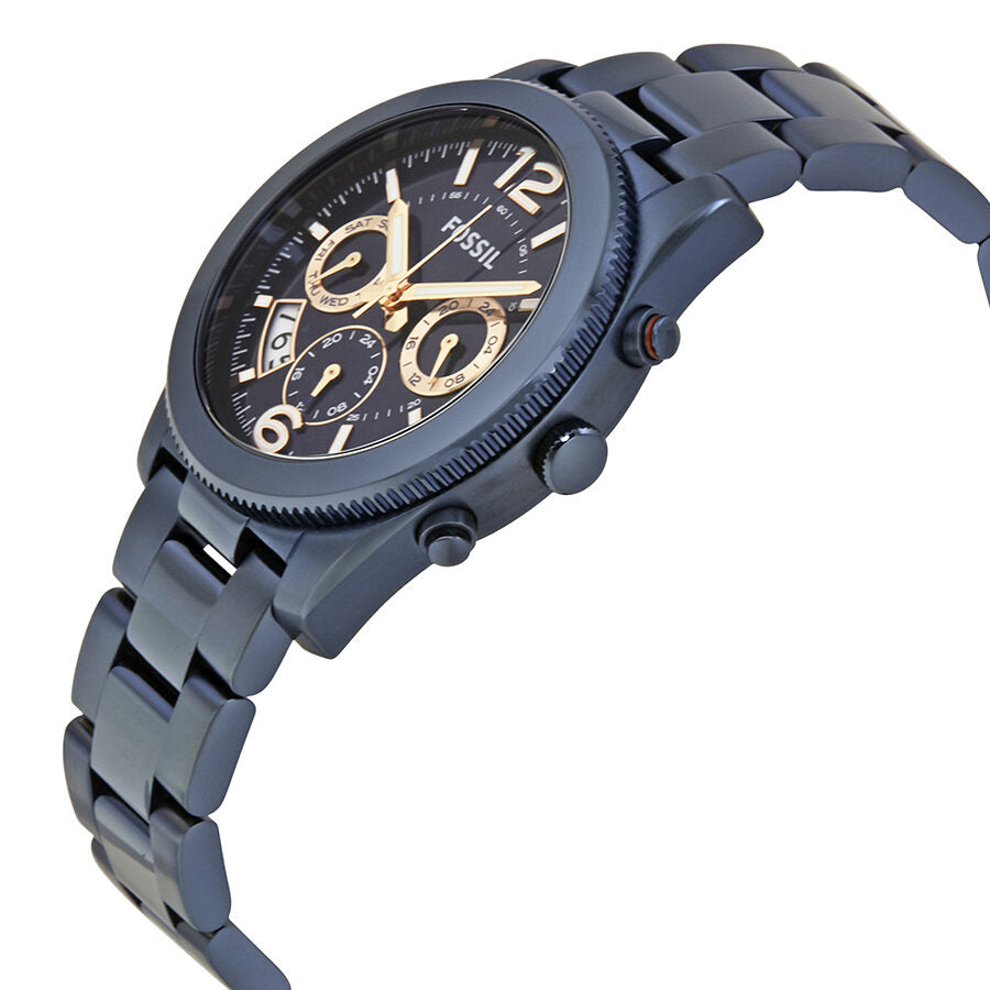 Side angle view of Fossil Perfect Boyfriend navy watch with chronograph subdials and link bracelet