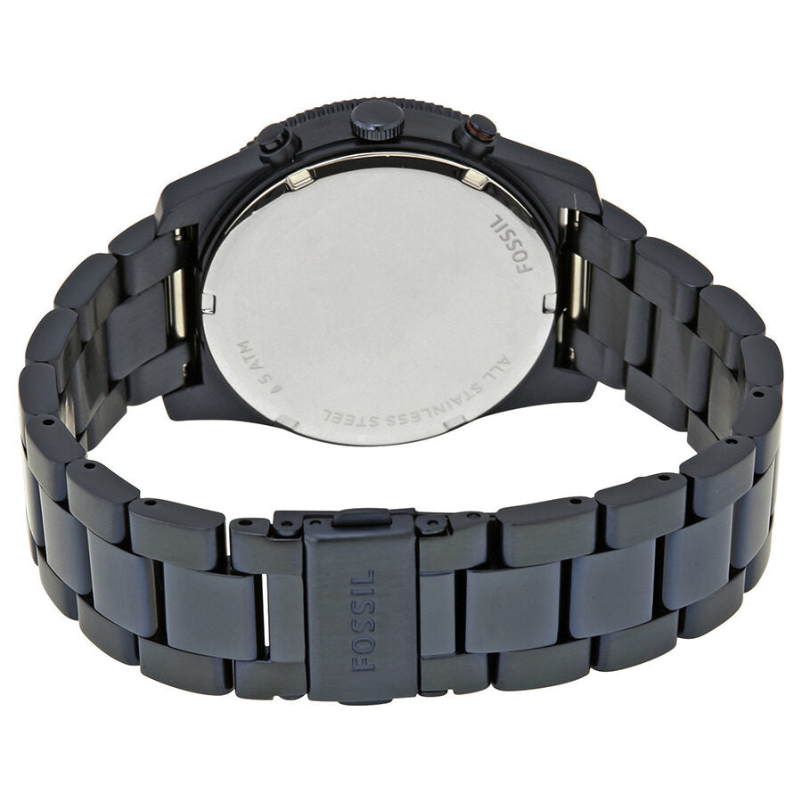 Fossil Perfect Boyfriend caseback showing stainless steel back and blue metal bracelet