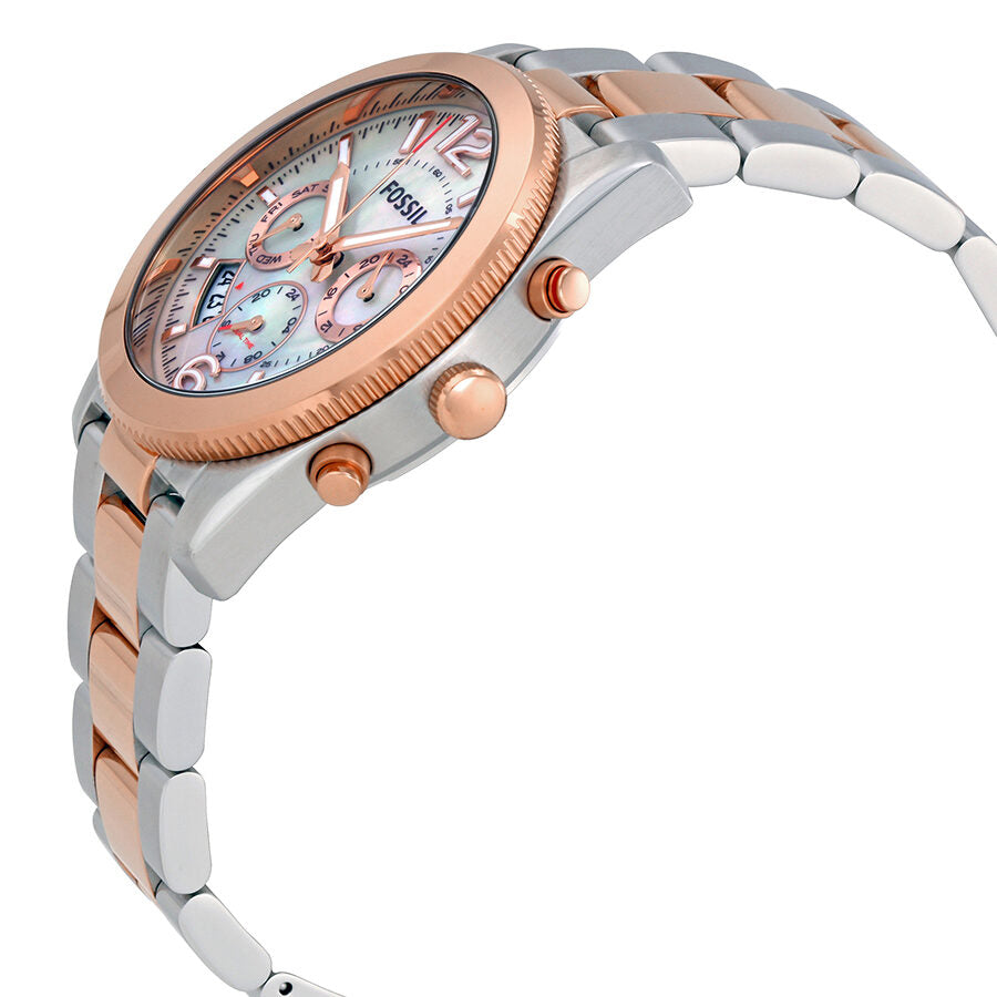 Side angle view of Fossil Perfect Boyfriend ES4135 showing chronograph subdials and two-tone steel bracelet