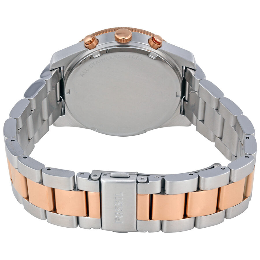 Caseback view of Fossil Perfect Boyfriend ES4135 watch showing solid steel with rose gold accents