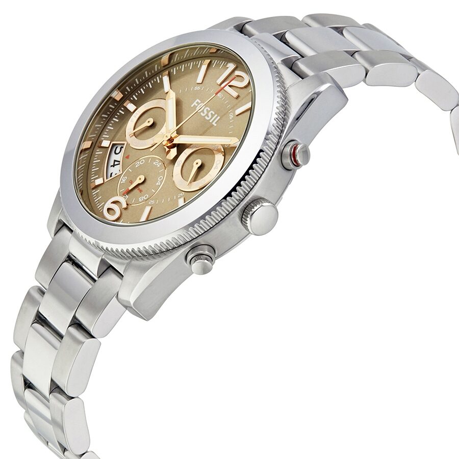 Fossil Perfect Boyfriend watch angle view displaying taupe dial and stainless steel case
