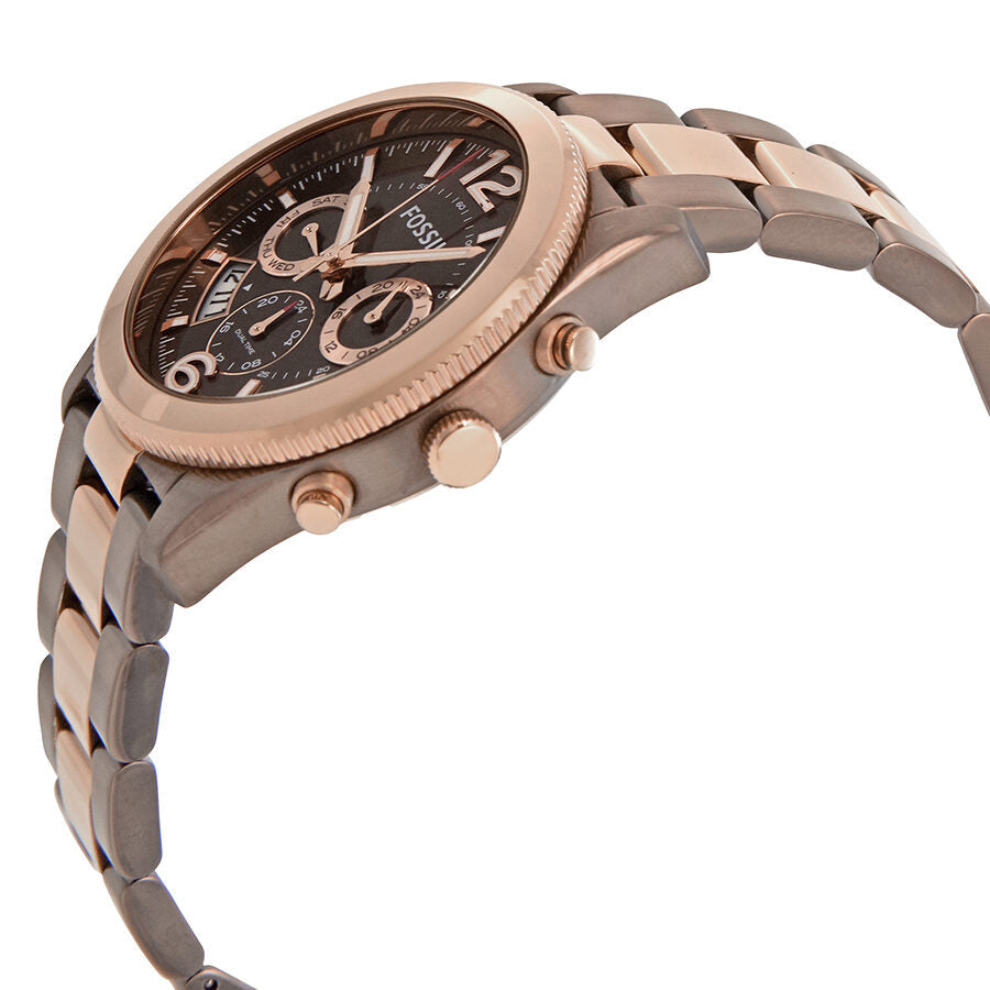 Fossil Perfect Boyfriend watch shown at angle displaying case, dial, and two-tone metal bracelet