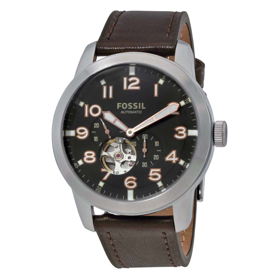 Fossil Pilot 54 automatic men's watch with black dial and brown leather strap