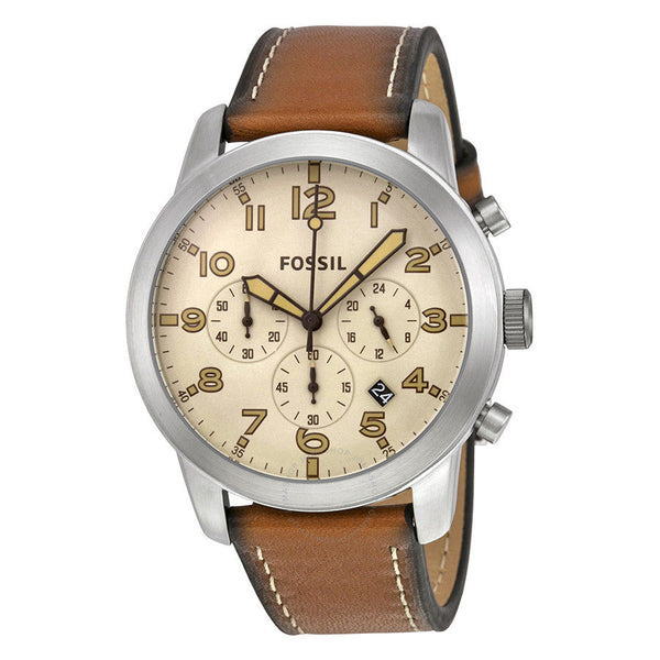 Fossil Pilot 54 Chronograph Beige Dial Leather Strap Men's Watch FS5144