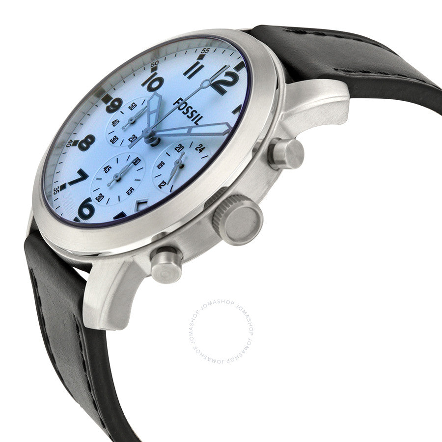 Fossil Pilot 54 chronograph watch shown at angle with light blue dial and black leather strap
