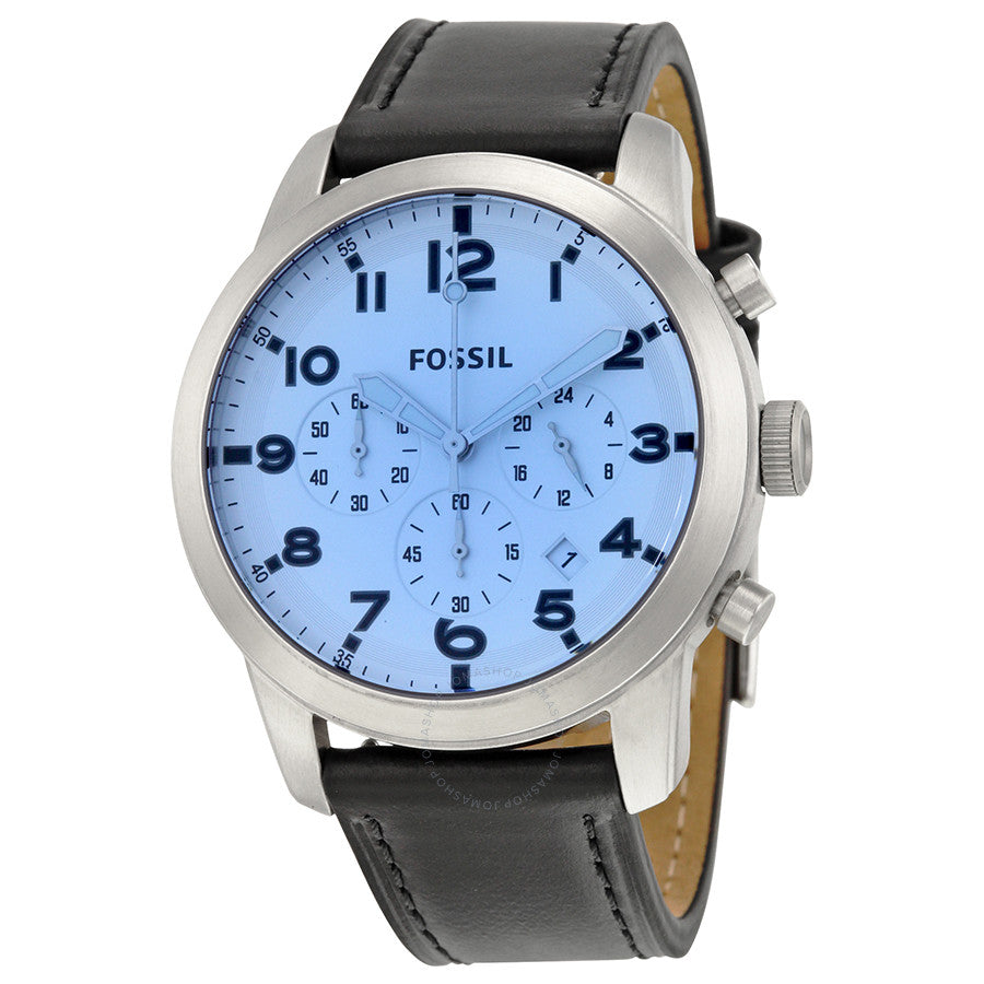 Fossil Pilot 54 chronograph watch with light blue dial, stainless steel case, and black leather strap