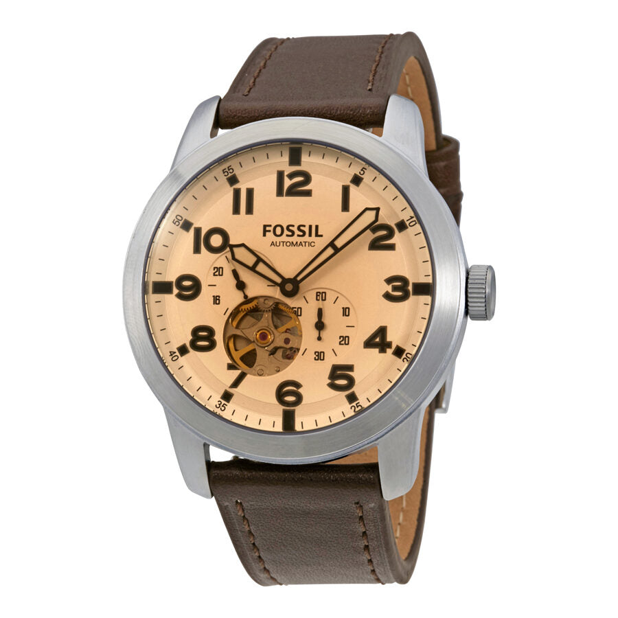 Fossil Pilot 54 men's automatic watch with cream dial, stainless steel case and brown leather strap
