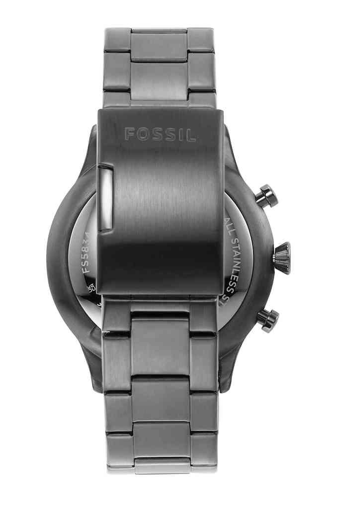 Caseback view of Fossil Pilot Chronograph with stainless steel bracelet
