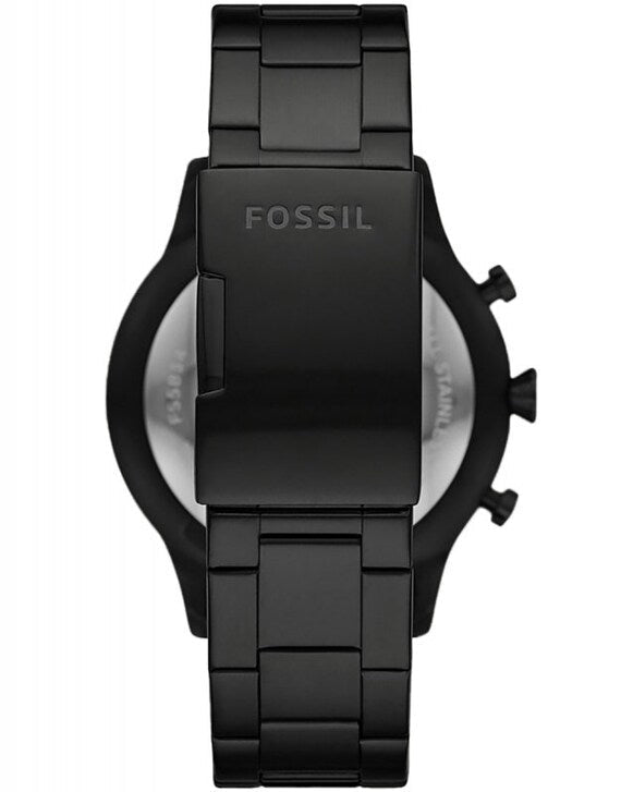 Caseback of Fossil Pilot black chronograph showing engraved FOSSIL logo