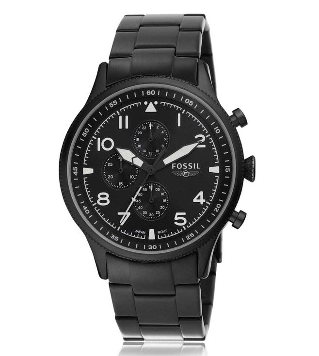 Fossil Pilot black chronograph men's watch with black dial and three subdials
