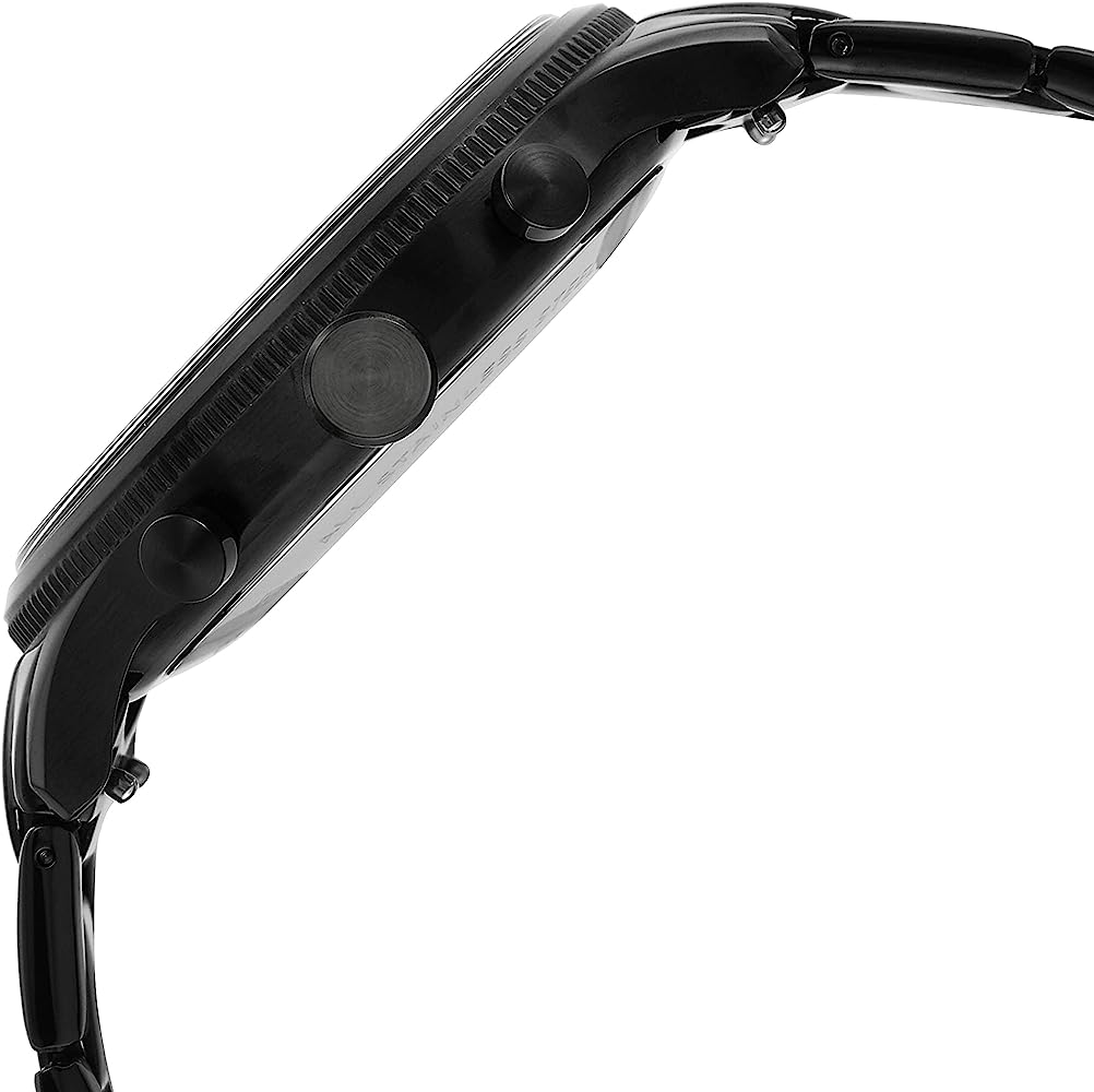 Side profile of Fossil Pilot black chronograph with pushers and black metal bracelet