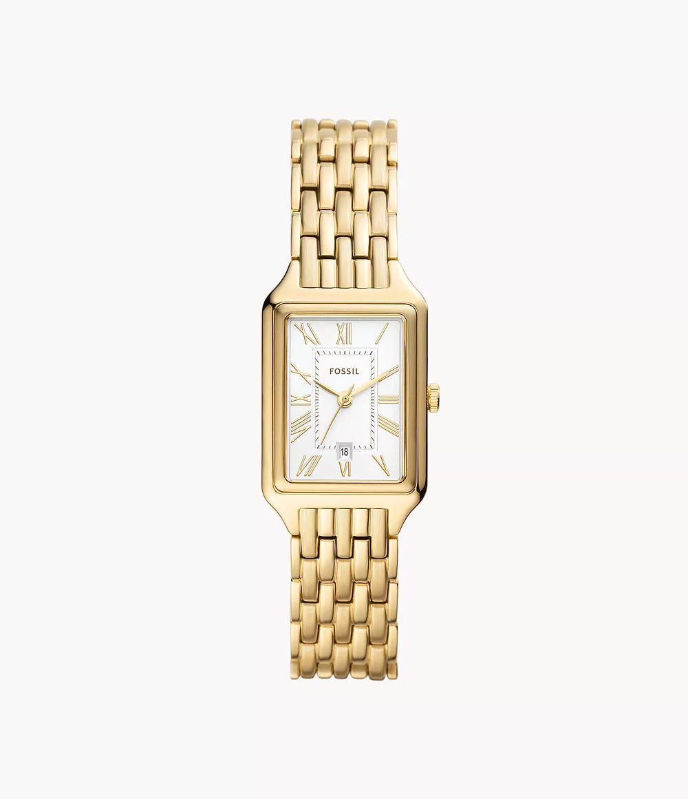Fossil Raquel ES5220 gold-tone rectangular watch with three hands and date window