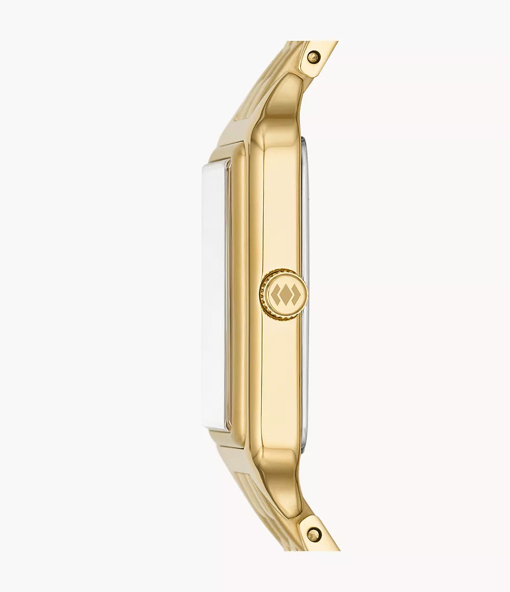 Fossil Raquel ES5220 side view showing thin rectangular gold-tone case and profile