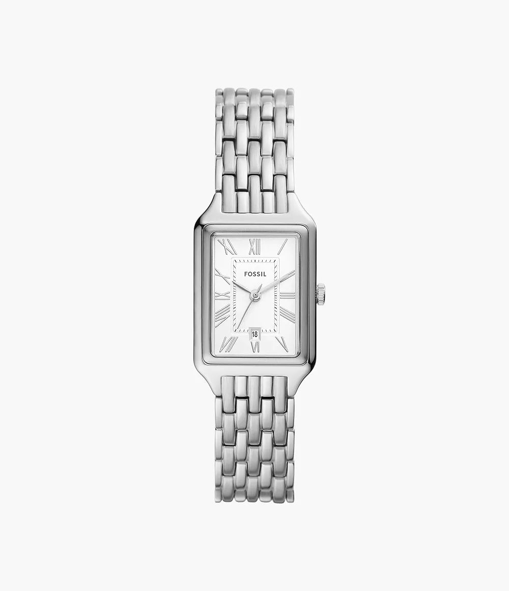Fossil Raquel stainless steel watch with rectangular white dial and Roman numerals