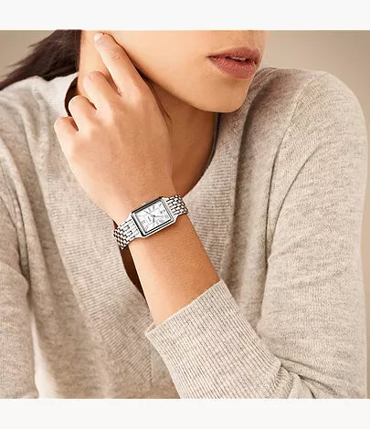Fossil Raquel ES5221 watch worn on wrist with stainless steel bracelet