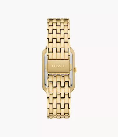 Fossil Raquel ES5304 caseback showing gold-tone stainless steel case and bracelet detail