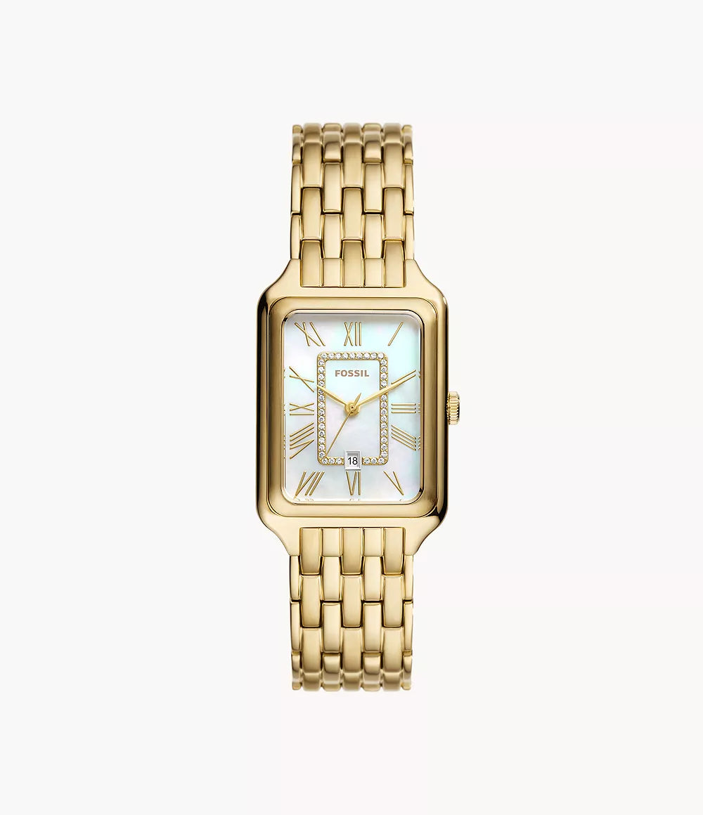 Fossil Raquel ES5304 gold-tone watch with rectangular white dial, Roman numerals, and gold-tone bracelet