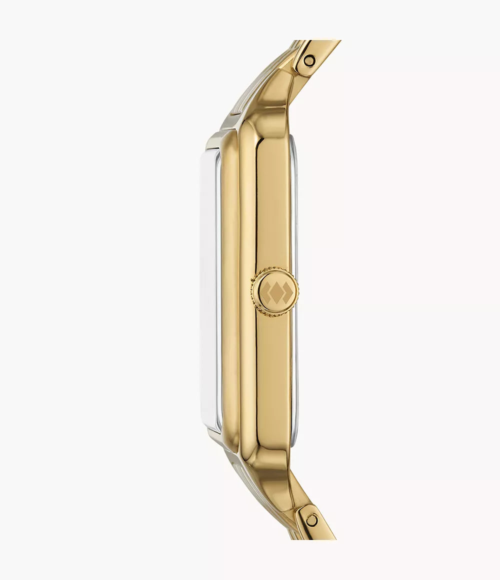 Fossil Raquel ES5304 gold-tone watch side profile showing rectangular case profile and strap