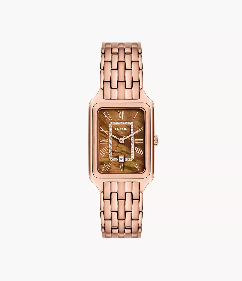 Fossil Raquel rose gold-tone rectangular watch with brown dial and three-hand date movement
