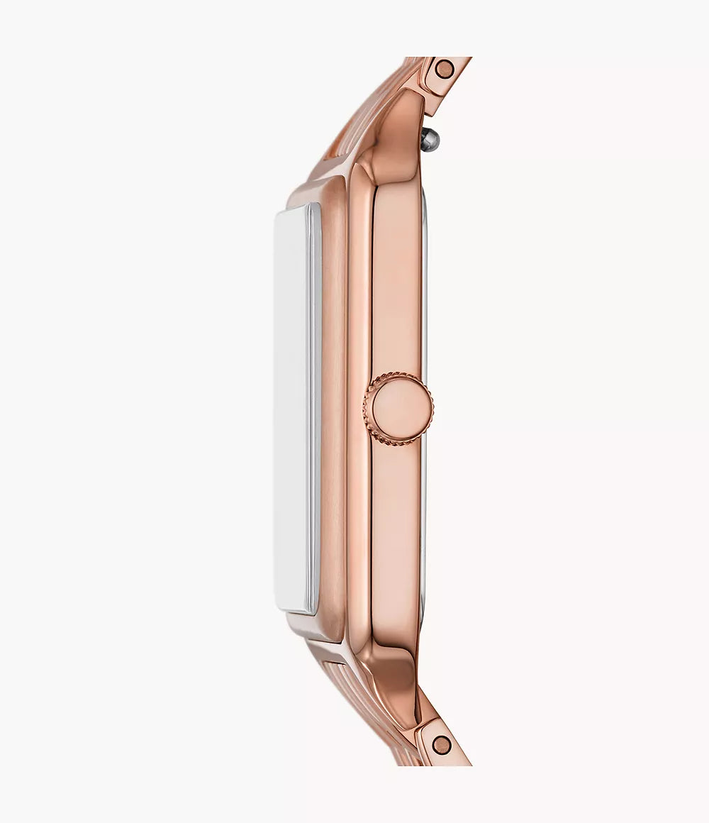 Fossil Raquel watch shown from the side, displaying thin rectangular case profile