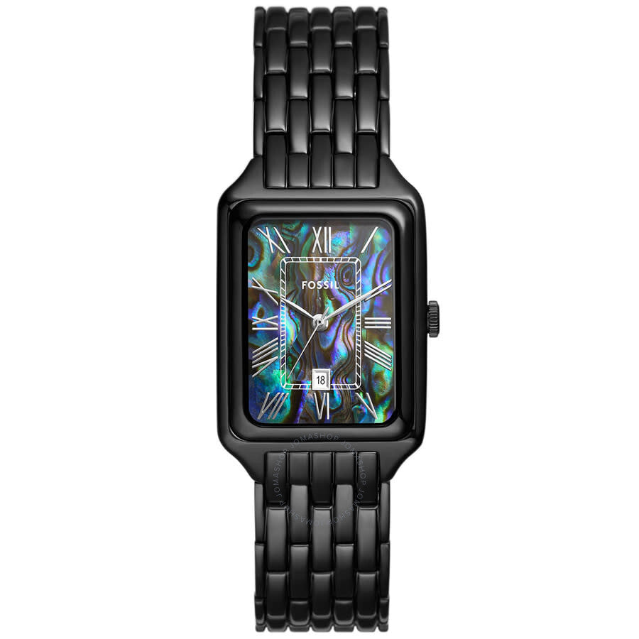 Fossil Raquel quartz watch with black rectangular dial and multicolor indices on black bracelet