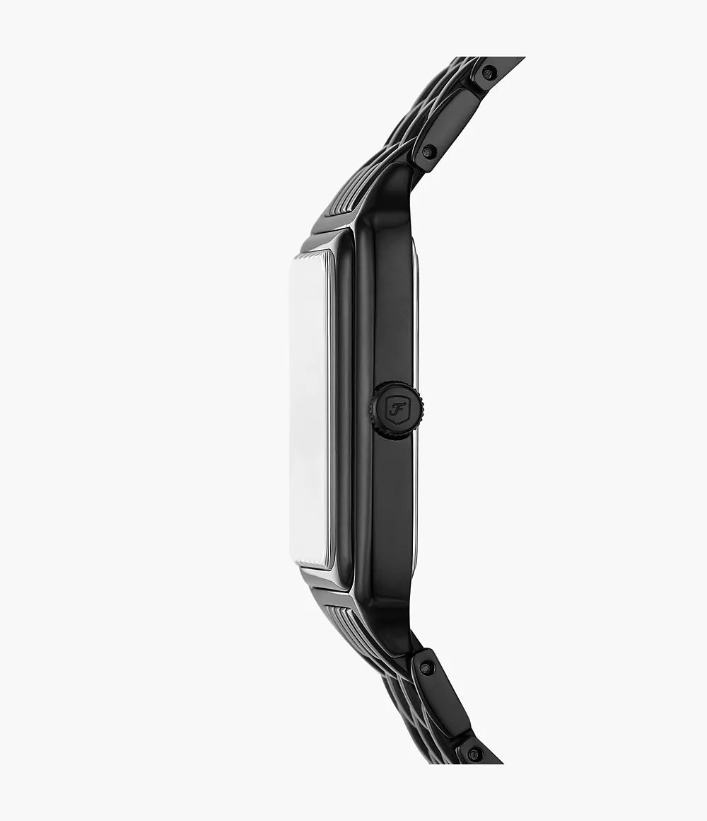Side profile of Fossil Raquel watch showing black case and bracelet thickness