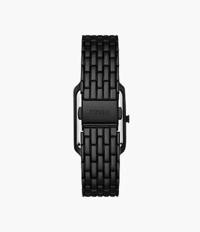 Black stainless steel bracelet of Fossil Raquel watch with Fossil logo on clasp