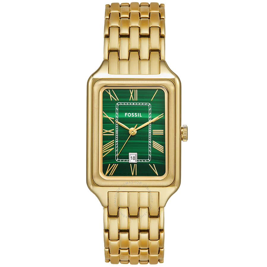 Fossil Raquel quartz watch with green dial, Roman numerals, gold-tone rectangular case and matching bracelet