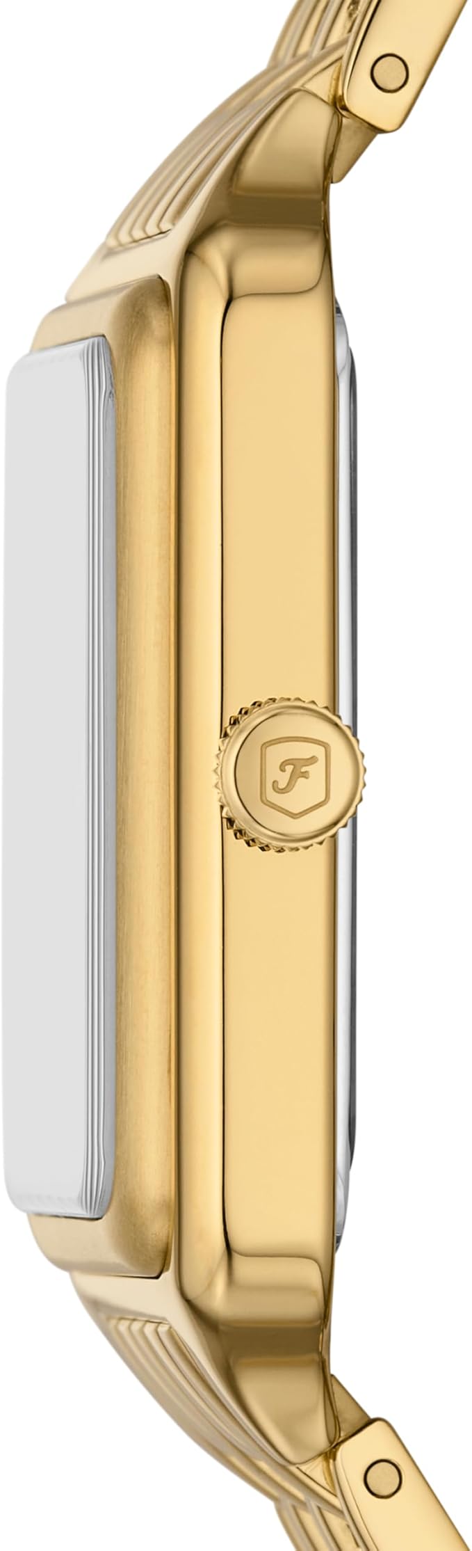 Side view of Fossil Raquel watch showing rectangular case profile and depth