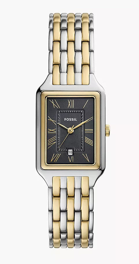Fossil Raquel ladies watch with grey dial, two-tone case, and rectangular bracelet