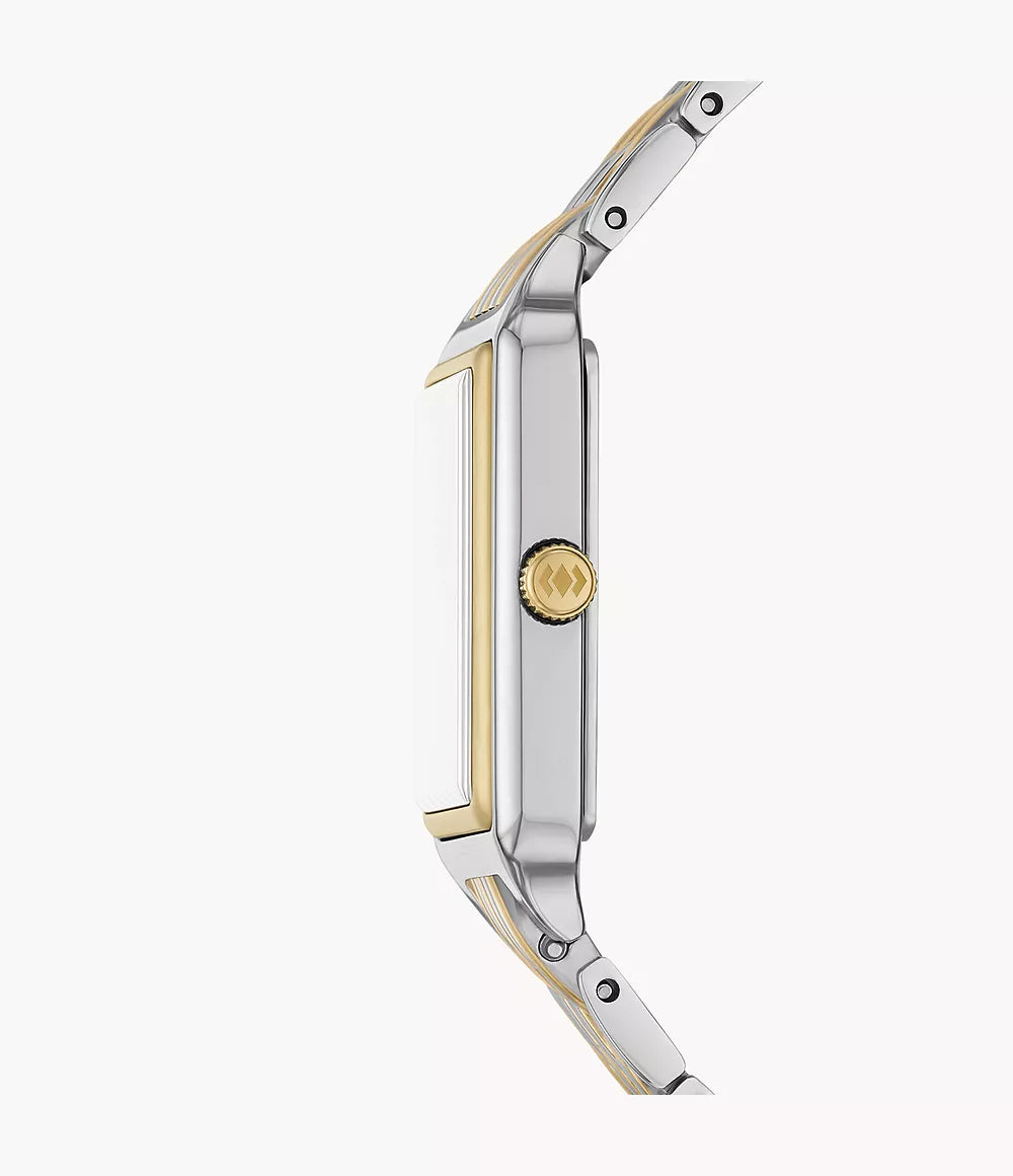 Fossil Raquel side profile showing two-tone stainless steel case and bracelet