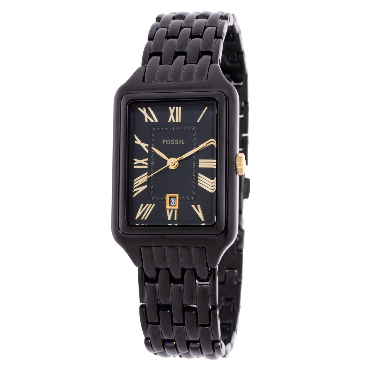 Fossil Raquel black stainless steel women's watch with Roman numeral dial and gold-tone hands