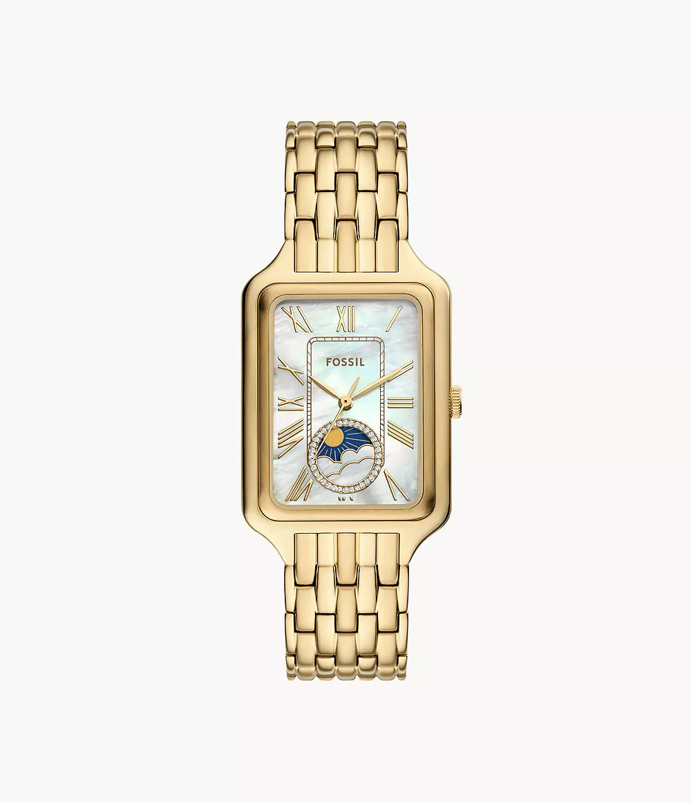 Fossil Raquel ES5398 gold-tone rectangular watch with sun and moon multifunction dial