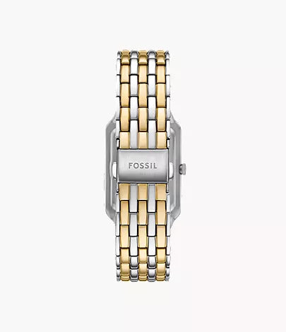 Fossil Raquel watch caseback showing two-tone stainless steel construction