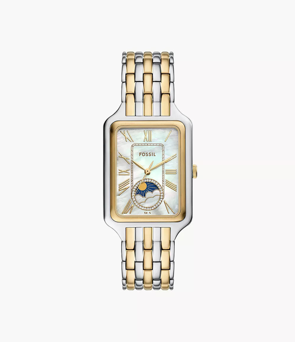 Fossil Raquel two-tone stainless steel watch with rectangular face, sun/moon phase complication, and two-tone bracelet