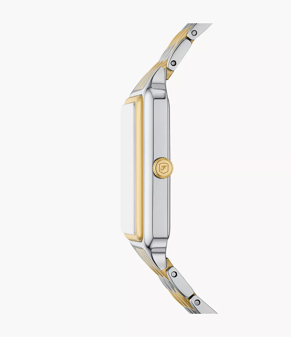 Fossil Raquel watch side profile showing rectangular case thickness and gold accents