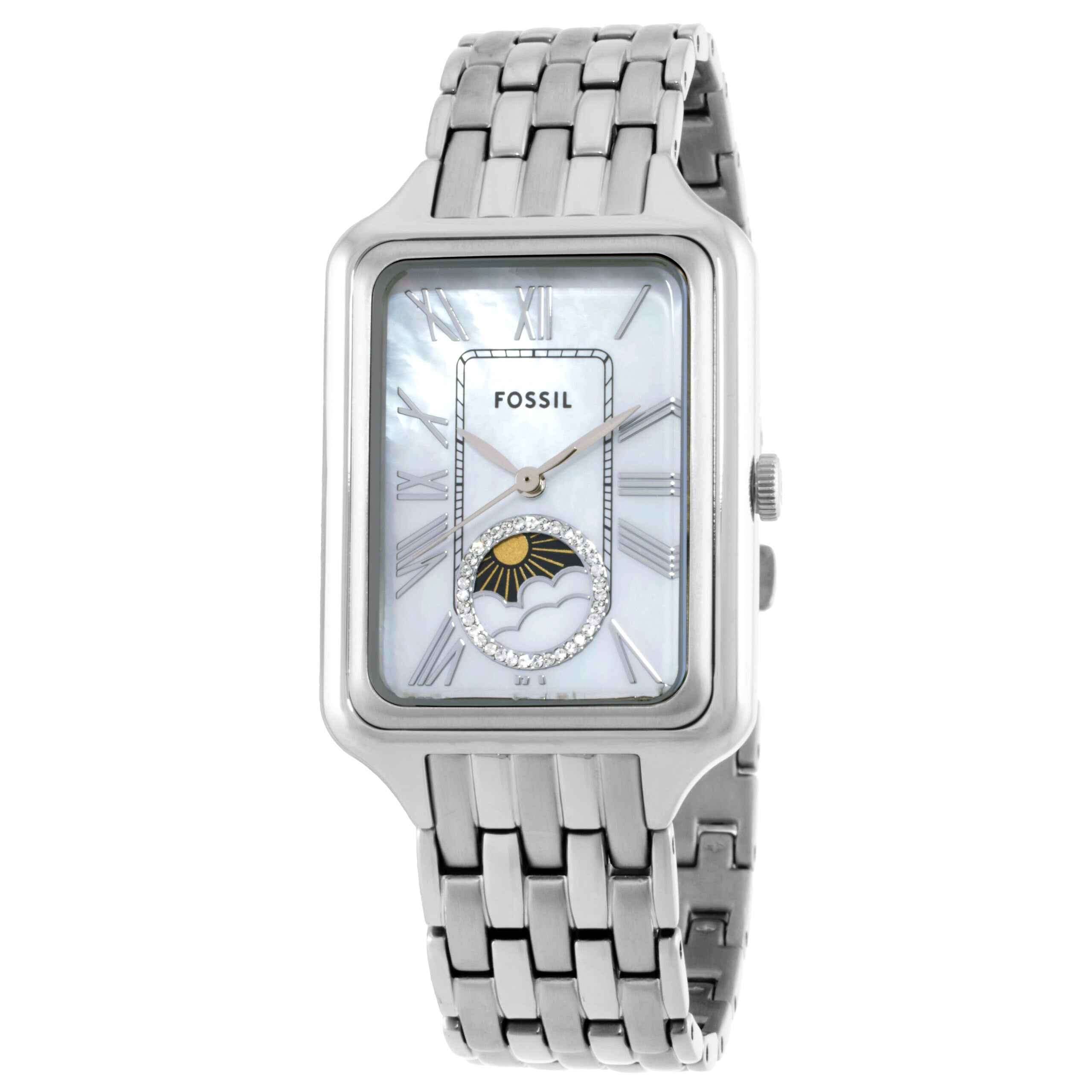 Fossil Raquel stainless steel women's watch with mother of pearl dial and sun moon complication