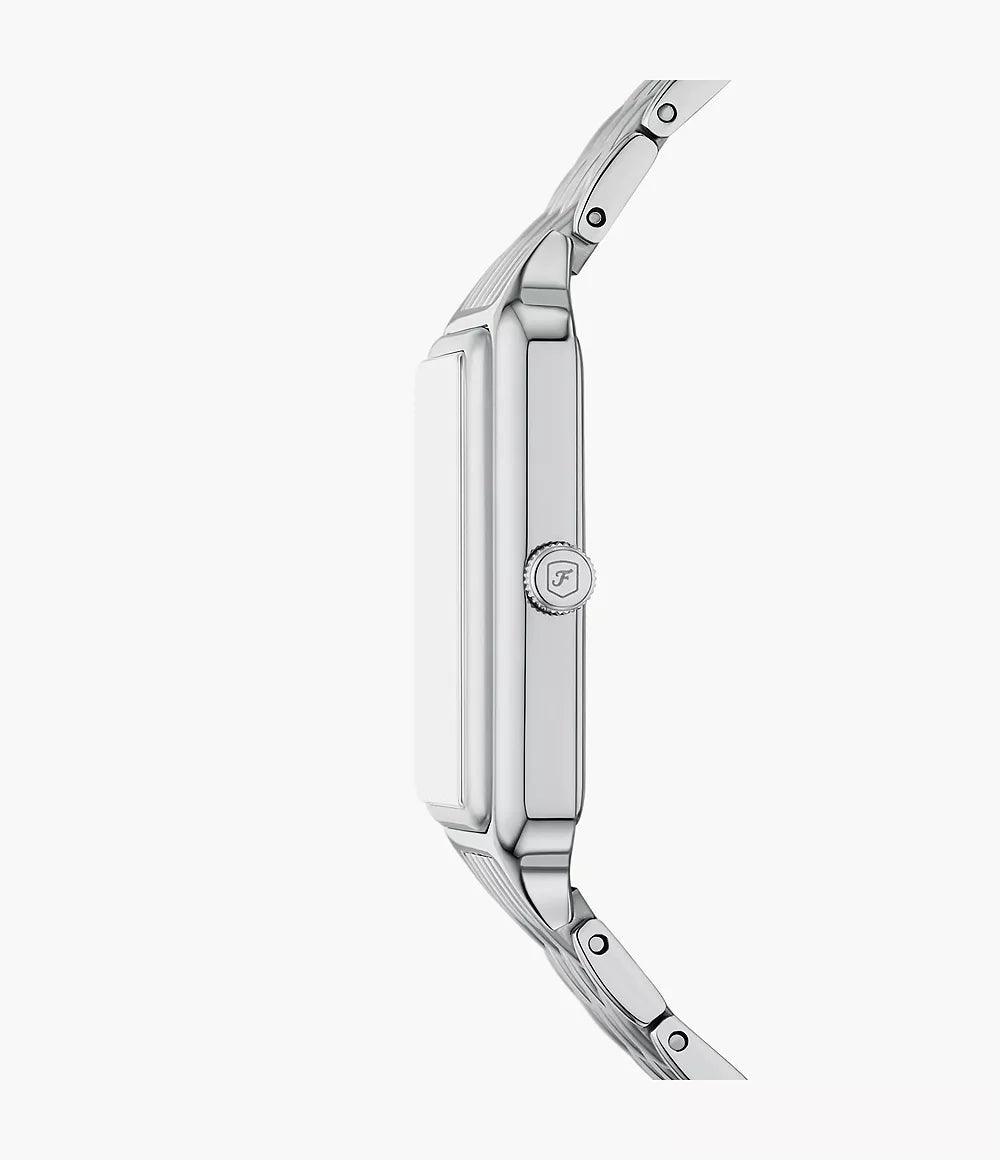 Fossil Raquel ES5400 watch shown from side profile with stainless steel case and bracelet