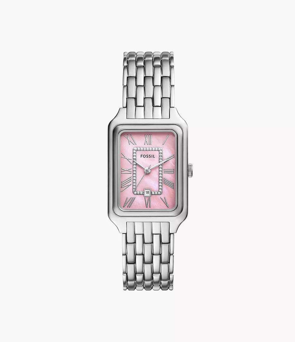 Fossil Raquel three-hand date watch with pink rectangular dial and stainless steel bracelet
