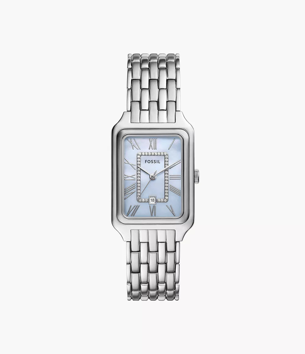 Fossil Raquel stainless steel women's watch with blue dial, Roman numerals, and date window