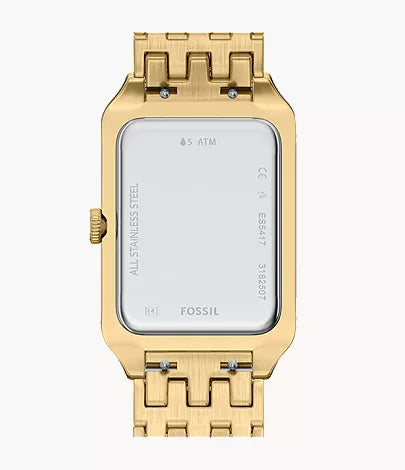 Fossil Raquel watch caseback displaying 65 ATM water resistance rating and Fossil branding