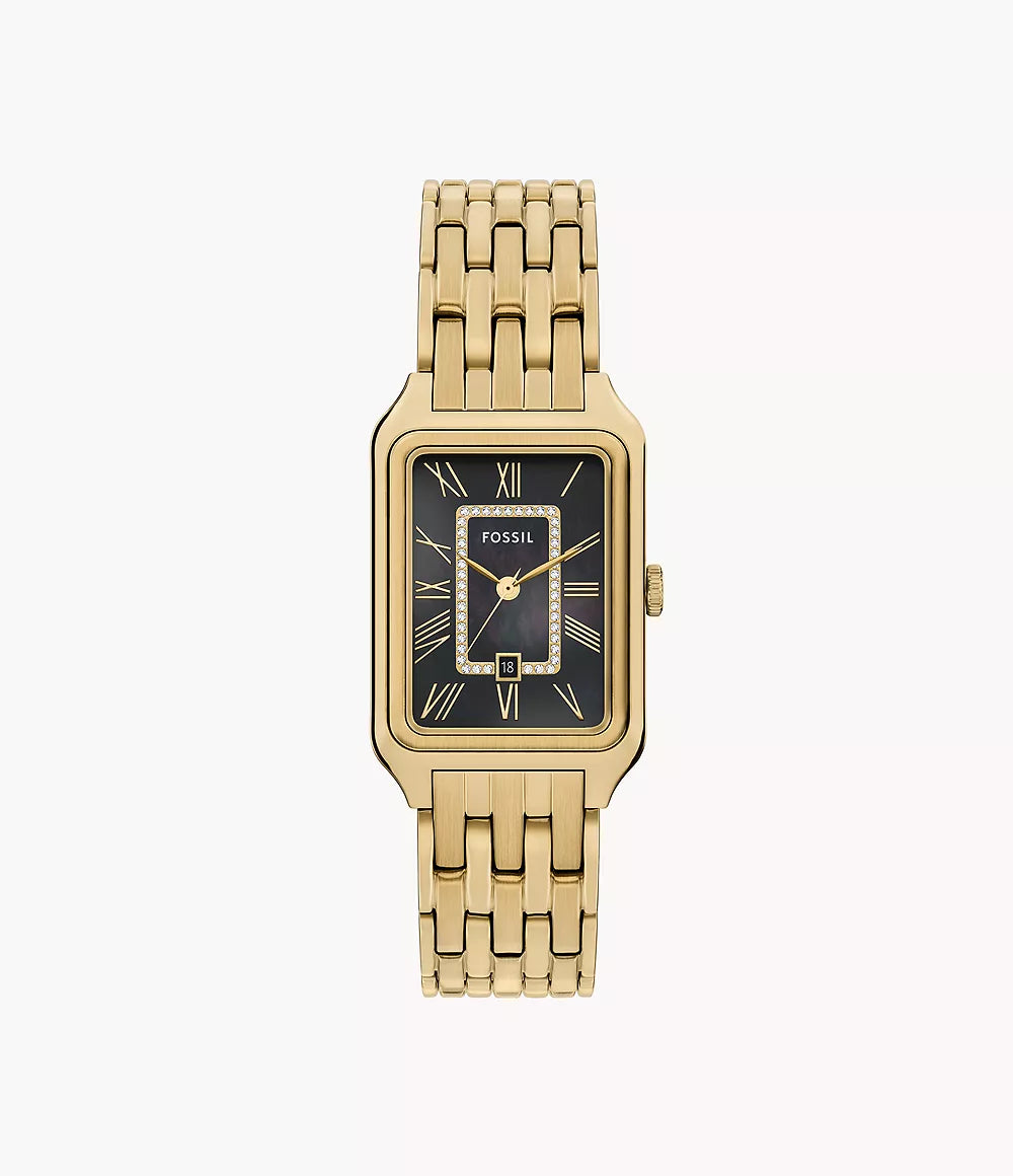 Fossil Raquel gold-tone stainless steel women's watch with rectangular black dial and Roman numerals