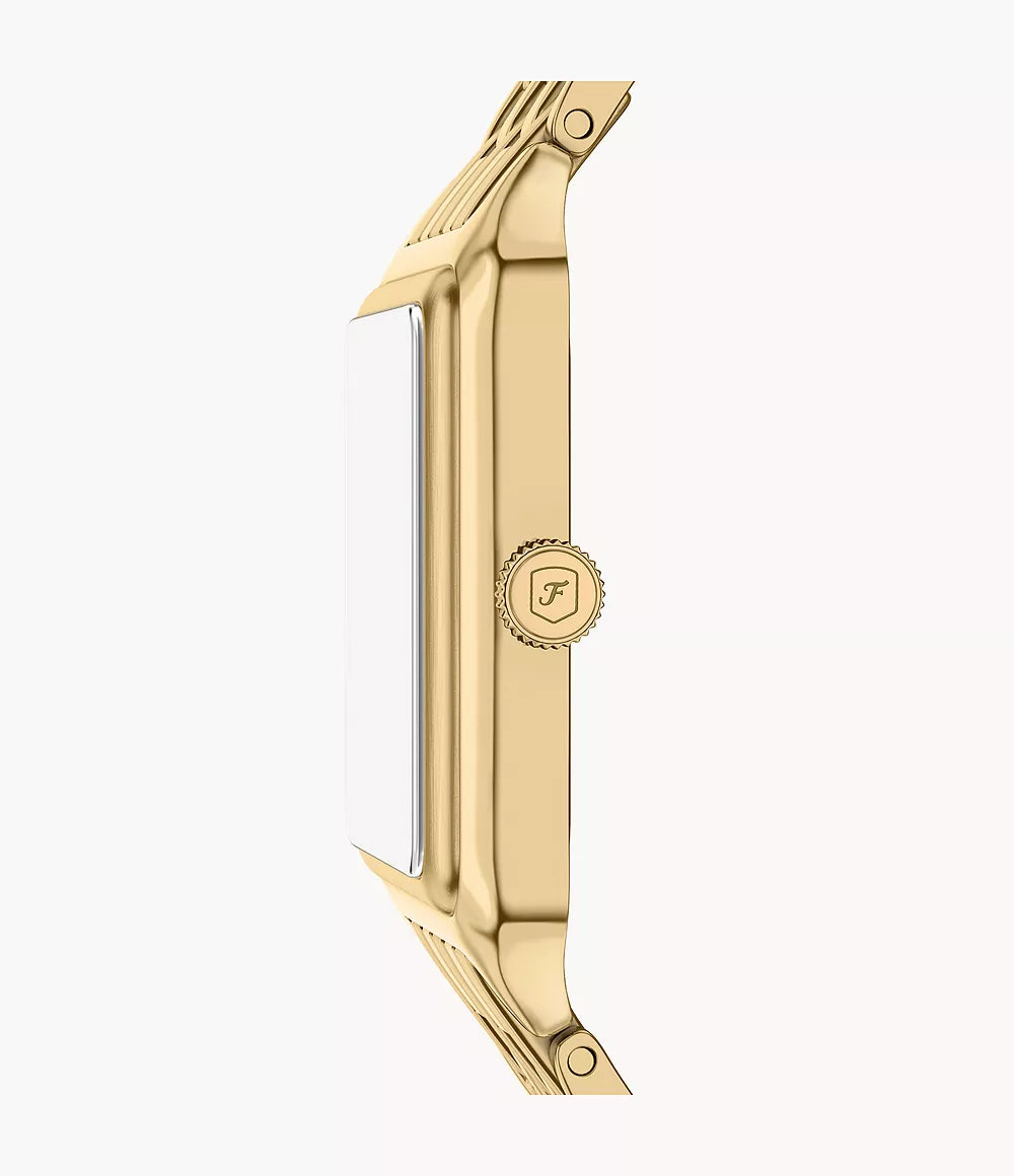Fossil Raquel watch shown in side profile with rectangular case and gold-tone stainless steel bracelet