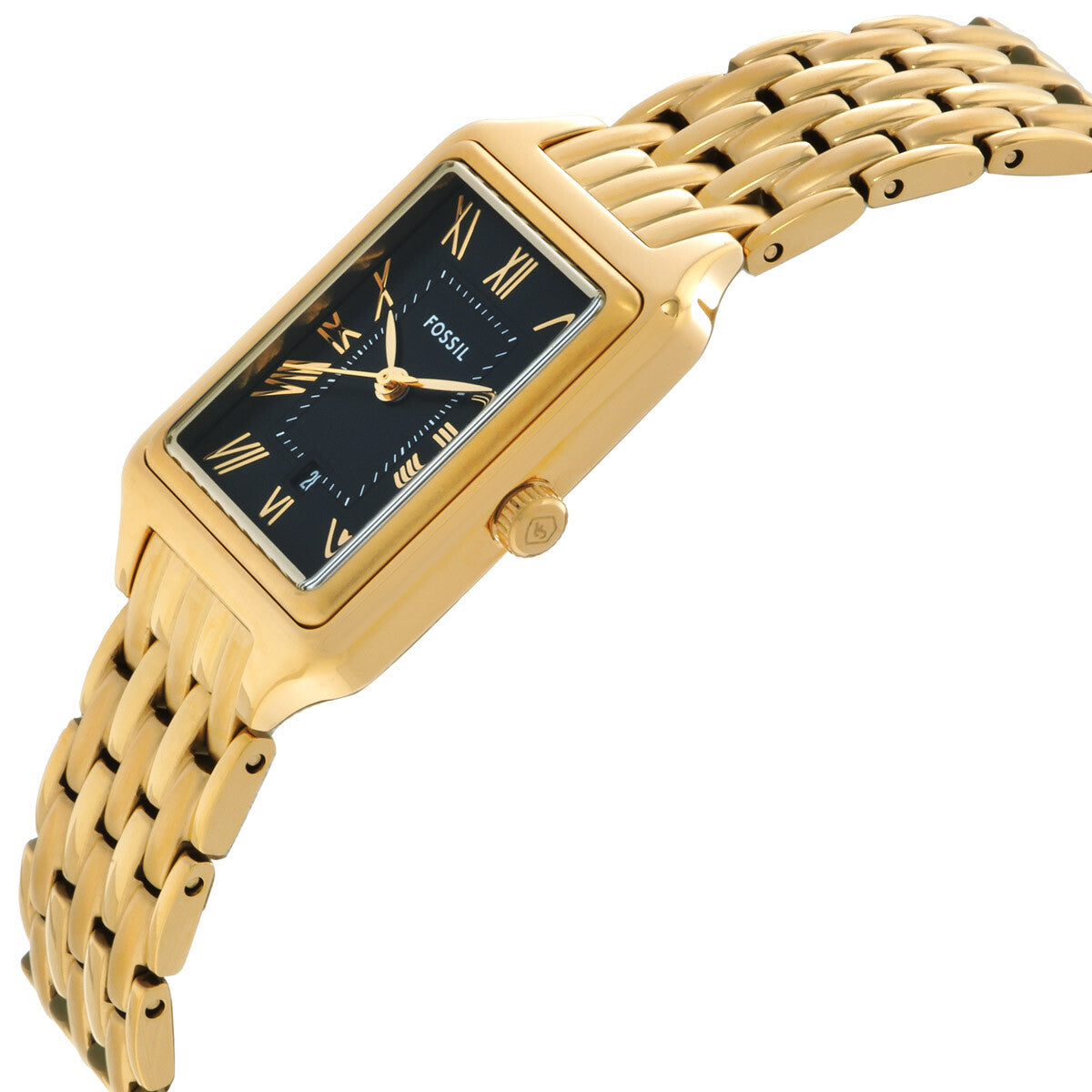 Fossil Raquel watch at angle showing gold-tone bracelet and rectangular case on black dial